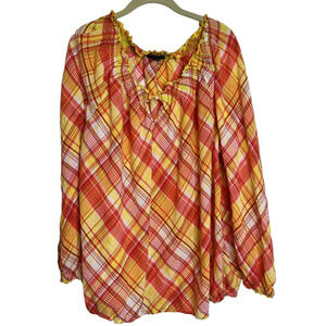 Lane Bryant Womens Off the Shoulder Blouse Size 18/20 Pink Yellow Plaid Cotton
